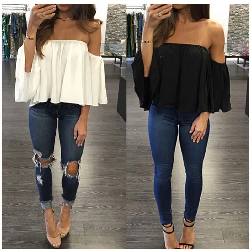 2017 New Arrival Summer T-shirt Fashion Women's Ladies Lace Off-shoulder Casual Tops T Shirt