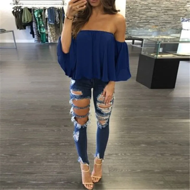 2017 New Arrival Summer T-shirt Fashion Women's Ladies Lace Off-shoulder Casual Tops T Shirt