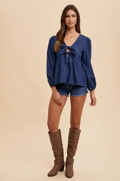 Annie Wear Tie Front Peplum Long Sleeve Denim Top