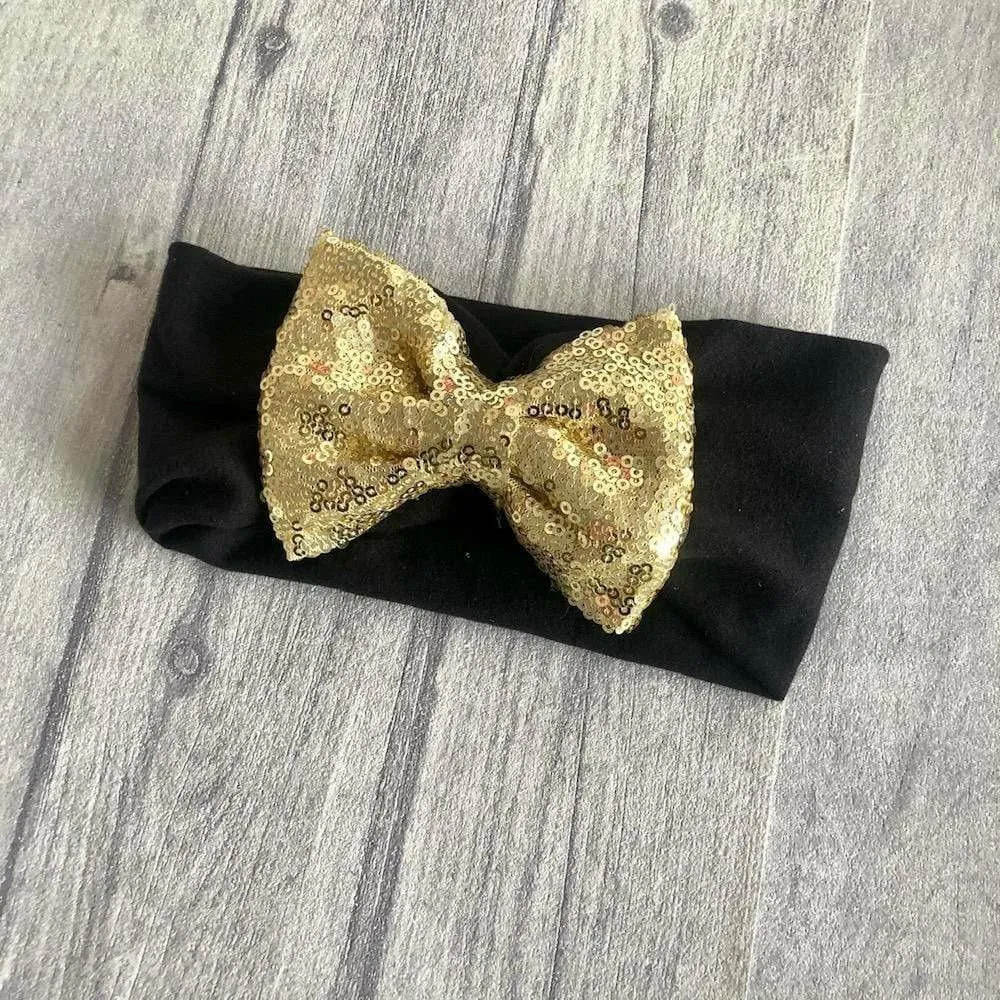 Baby Girl Black or White Headband Sequin Glitter Bow