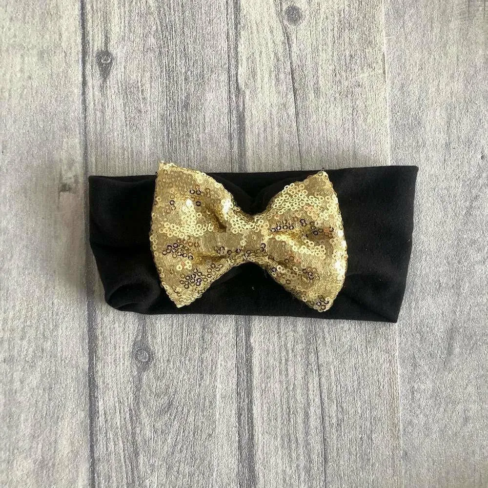 Baby Girl Black or White Headband Sequin Glitter Bow