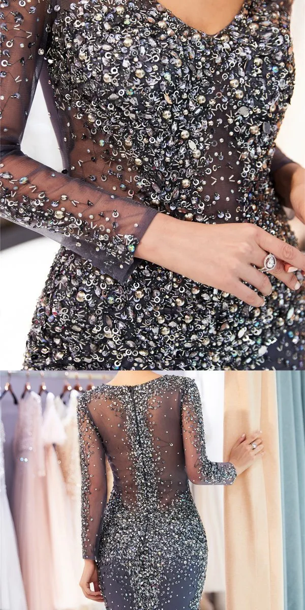 Beading Sequin Glitter Tight Shinning Sparkly Mermaid Long Sleeves V-Neck Prom Dresses,Long Evening Dresses LMX1132