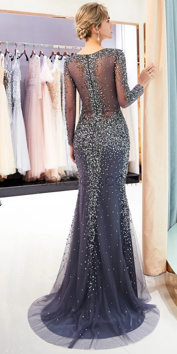 Beading Sequin Glitter Tight Shinning Sparkly Mermaid Long Sleeves V-Neck Prom Dresses,Long Evening Dresses LMX1132
