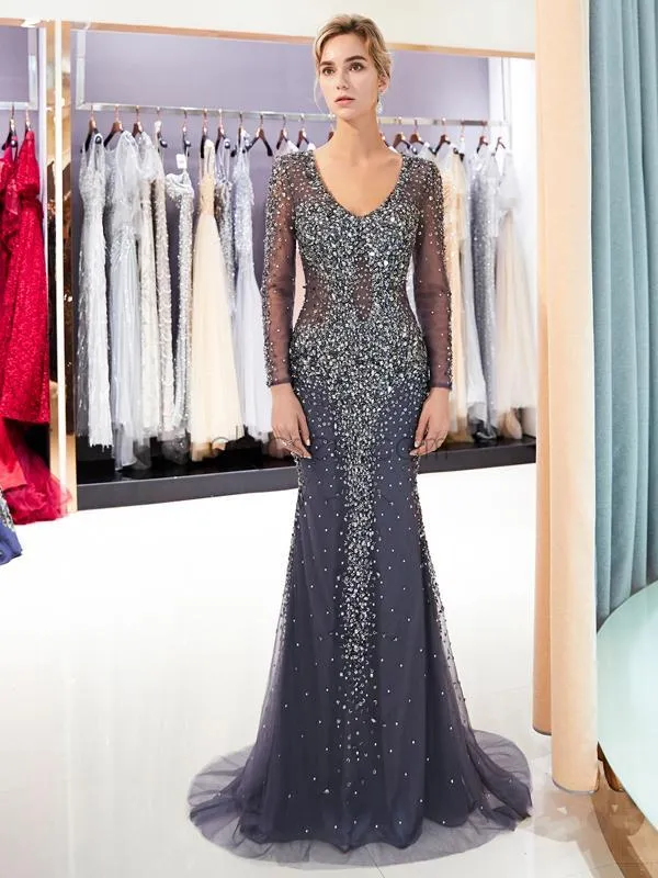 Beading Sequin Glitter Tight Shinning Sparkly Mermaid Long Sleeves V-Neck Prom Dresses,Long Evening Dresses LMX1132
