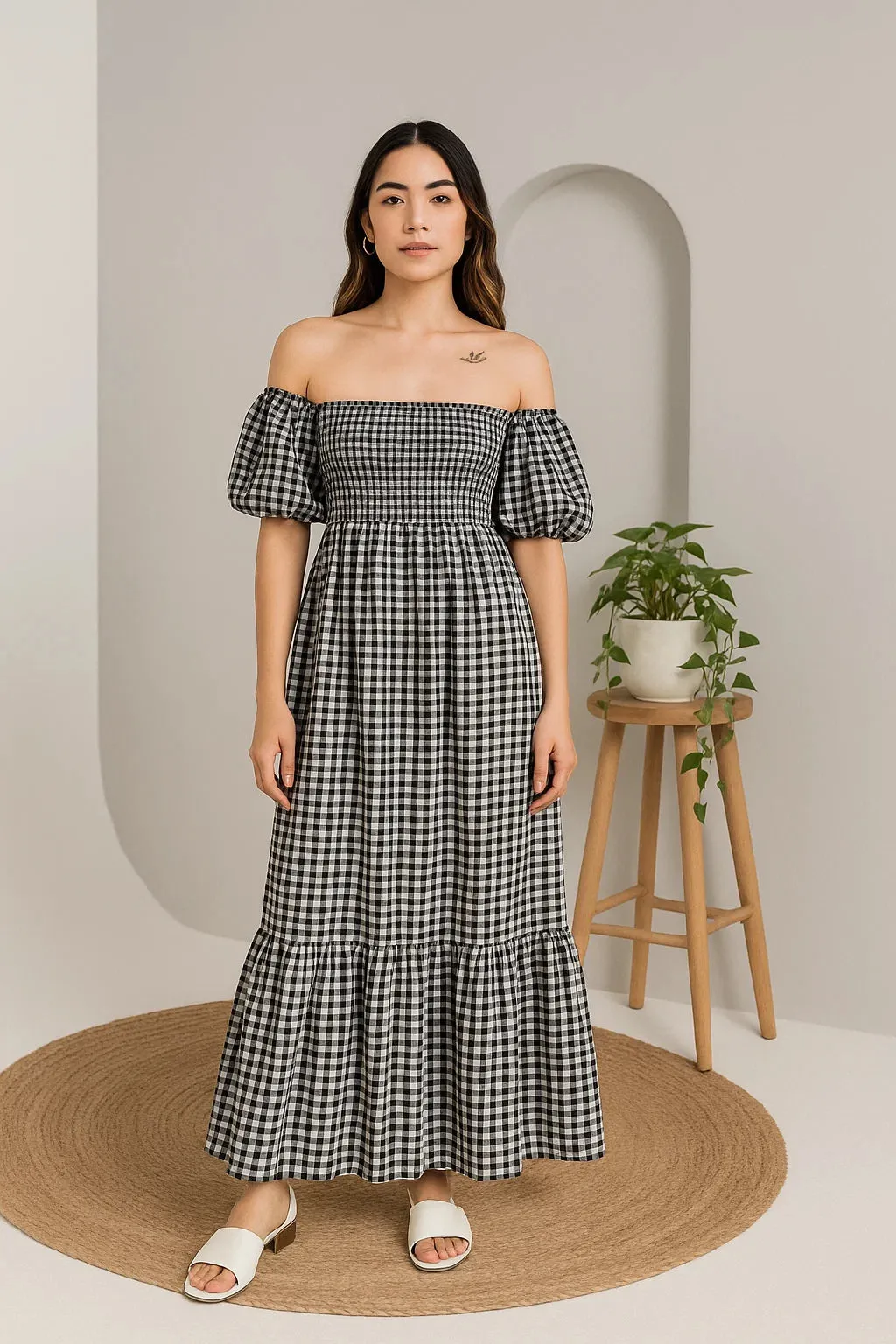 CHECKERED OFF-SHOULDER DRESS