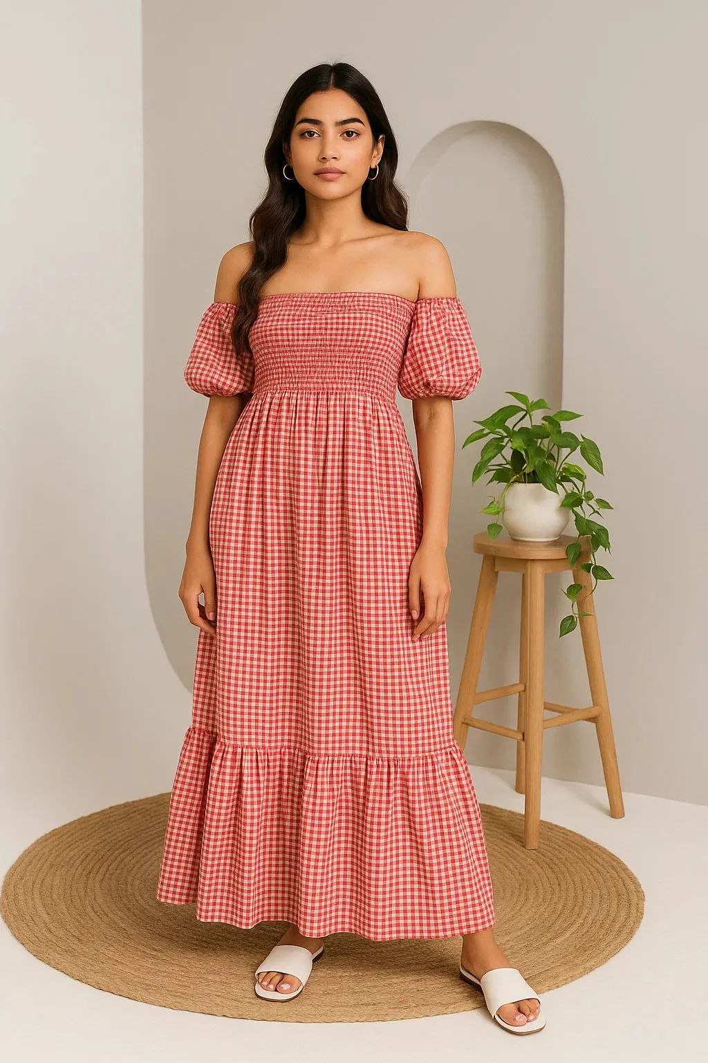CHECKERED OFF-SHOULDER DRESS