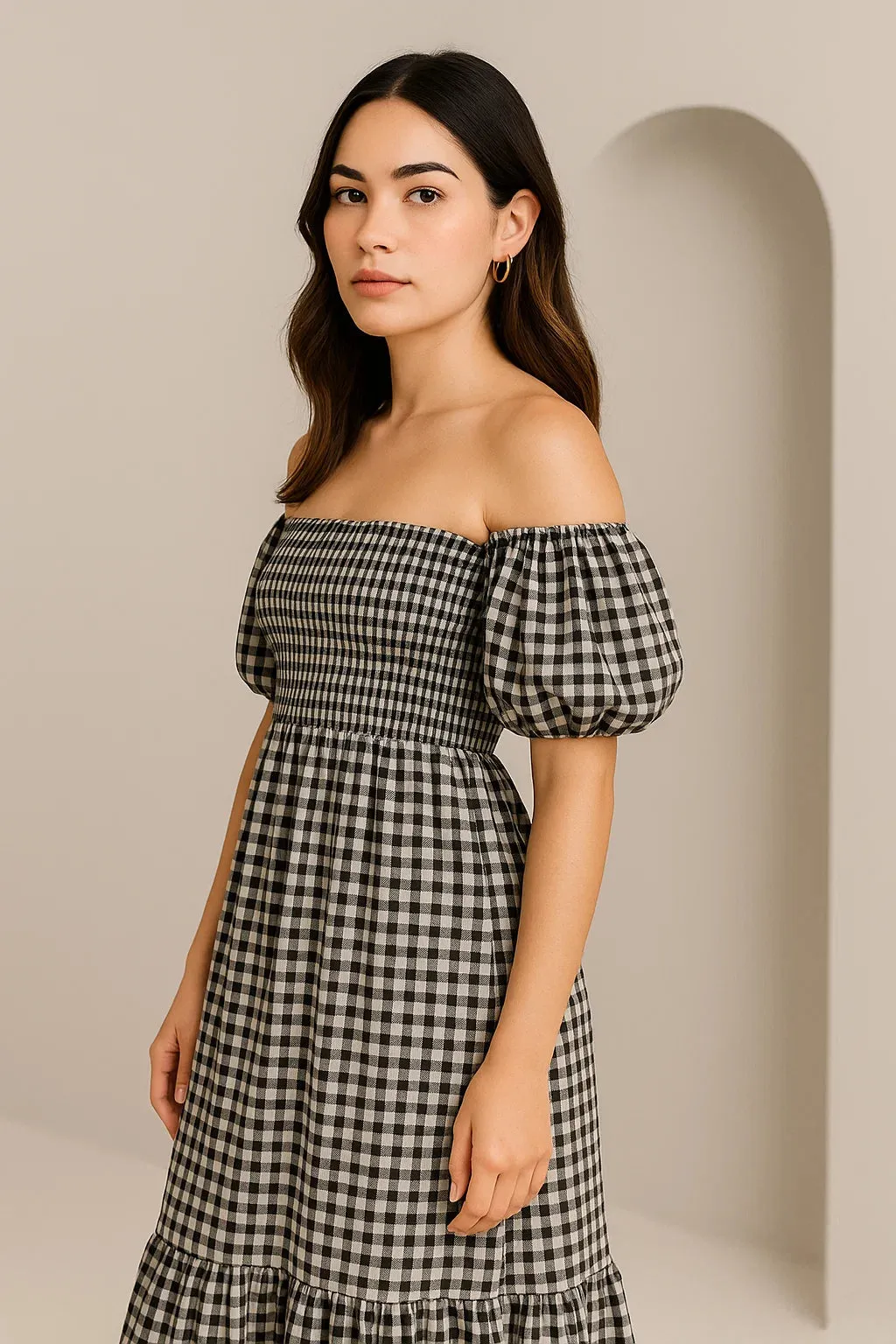 CHECKERED OFF-SHOULDER DRESS