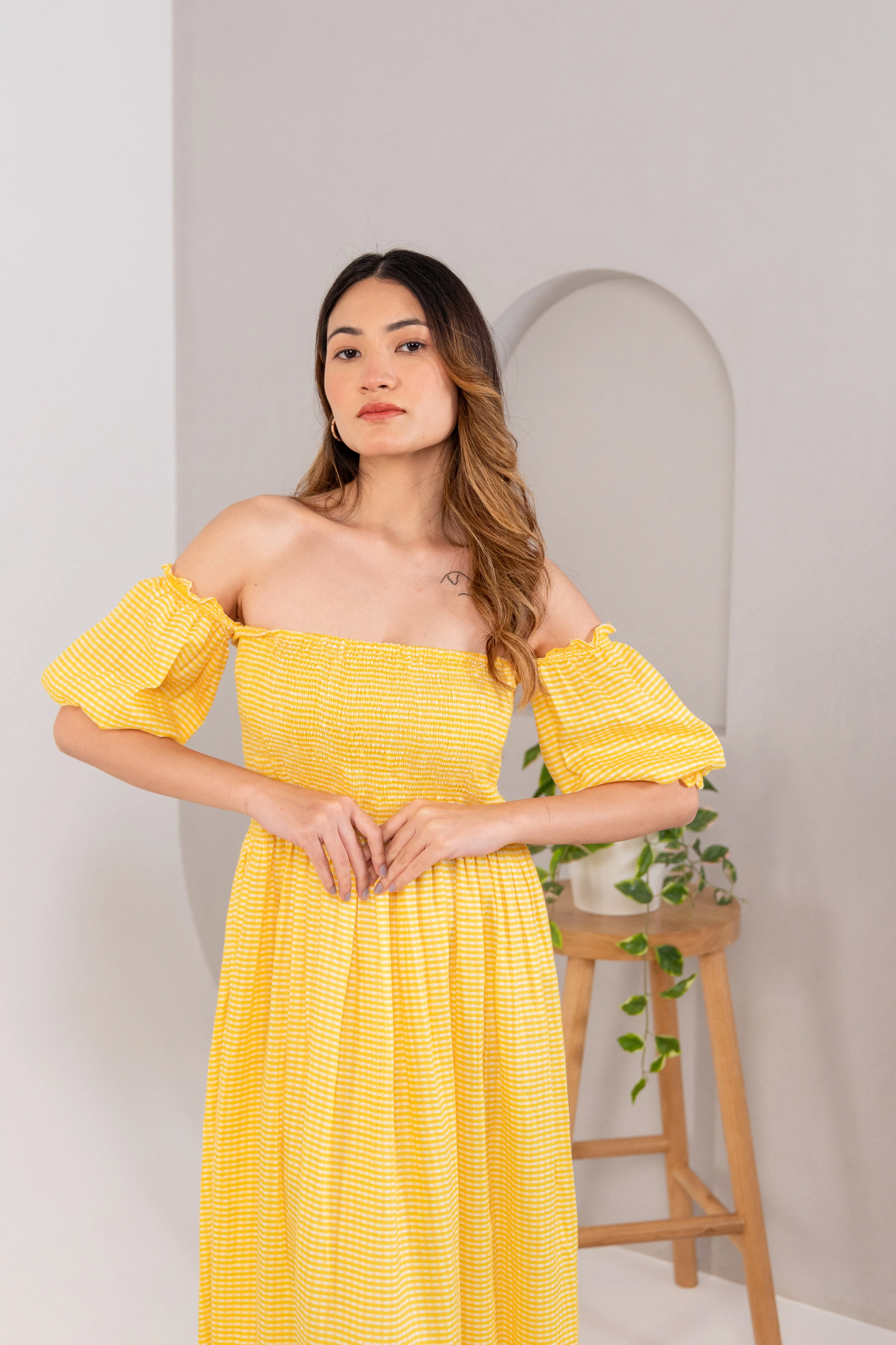 CHECKERED OFF-SHOULDER DRESS