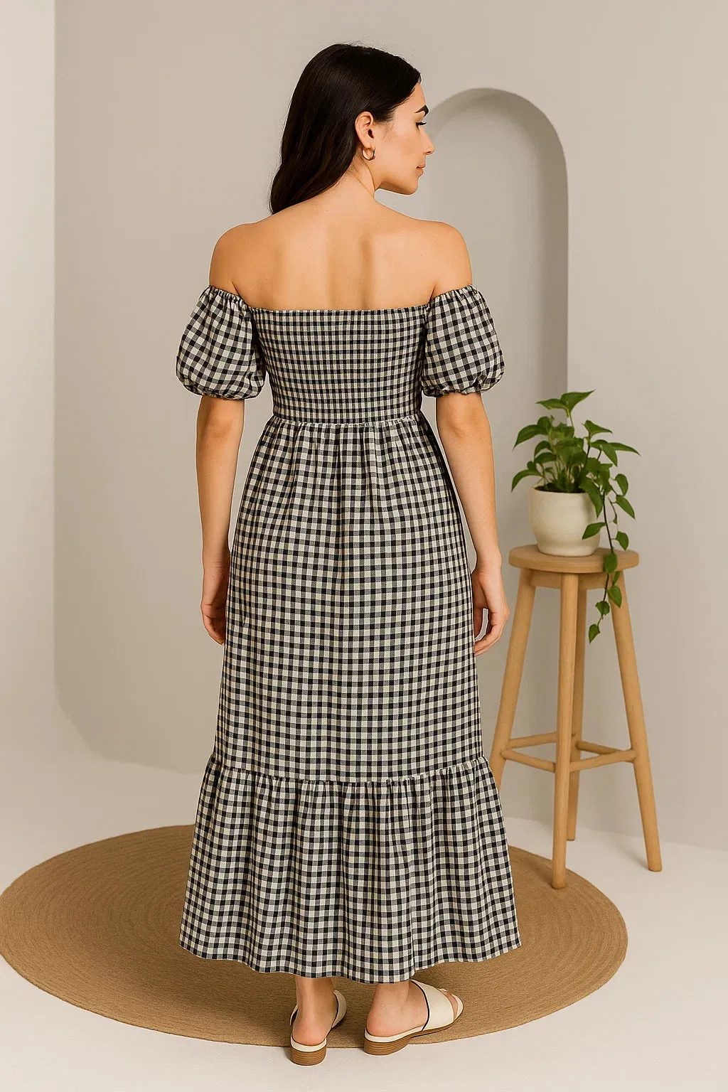 CHECKERED OFF-SHOULDER DRESS