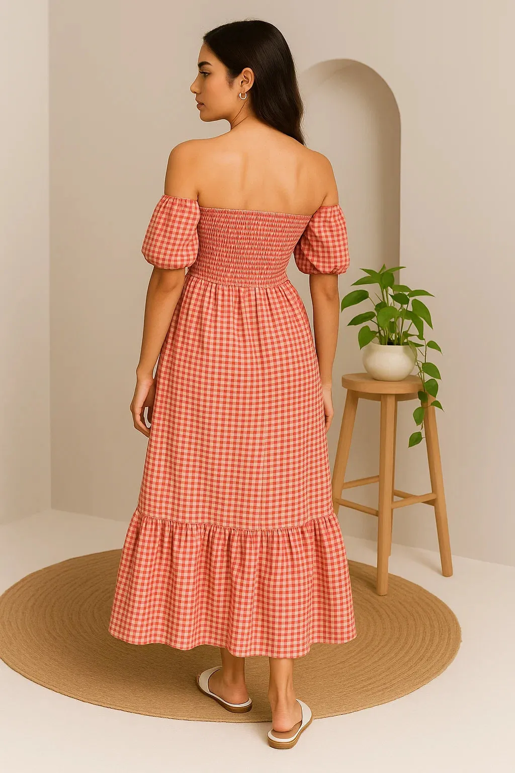 CHECKERED OFF-SHOULDER DRESS