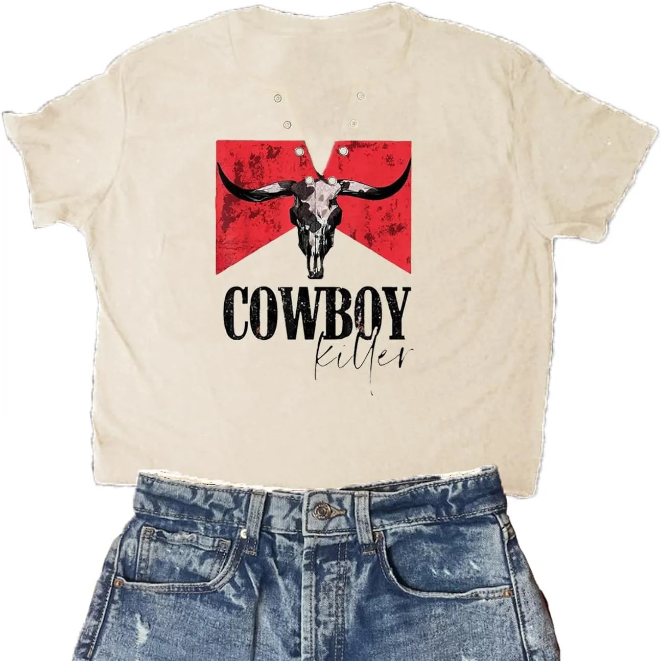 Cowboy Killer Shirt for Women Western Vintage Rodeo T-Shirt Retro Bull Skull Graphic Tee Summer Casual Short Sleeve Top