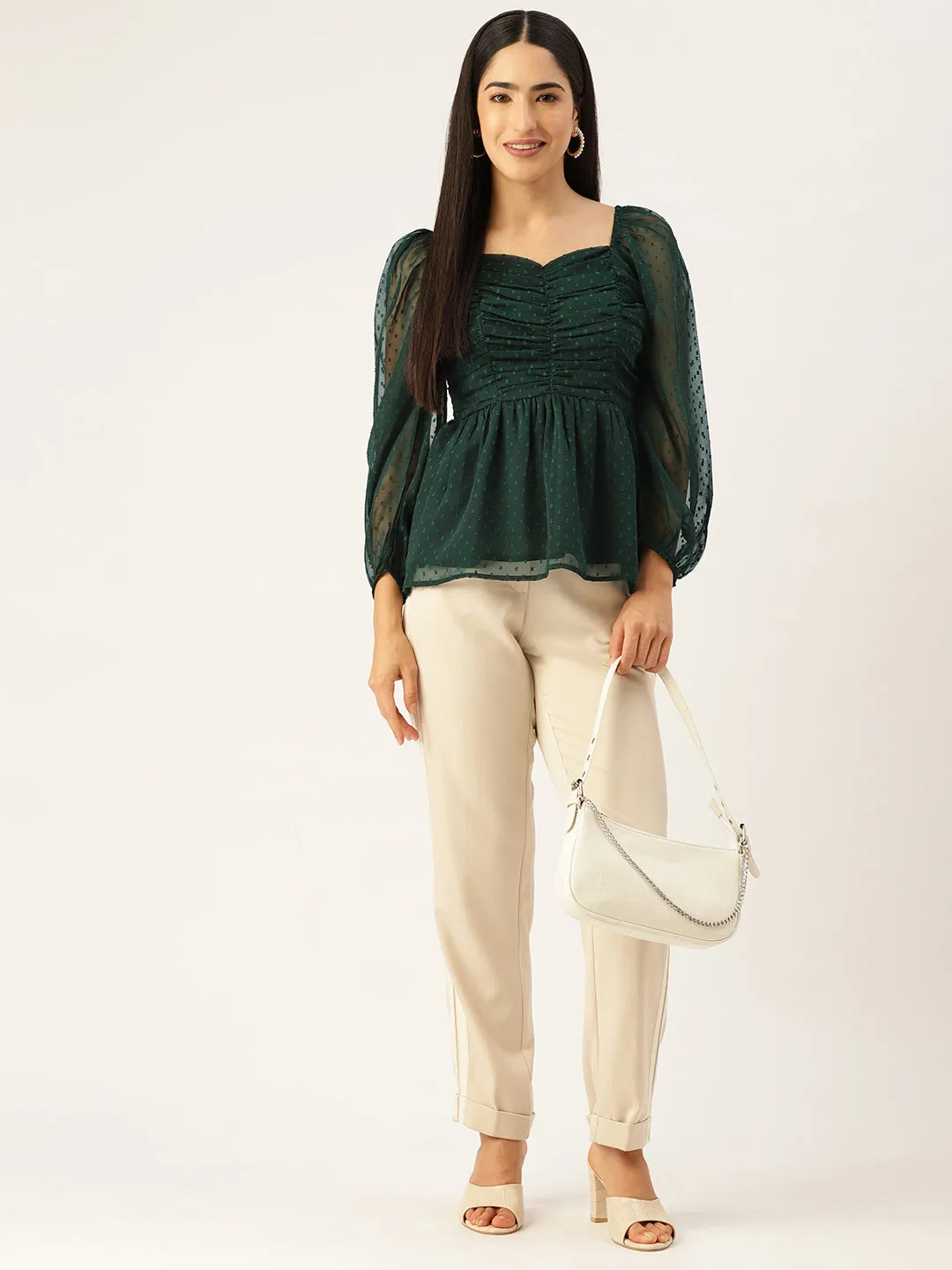 Dark Green Sweetheart Neck Georgette Peplum Top