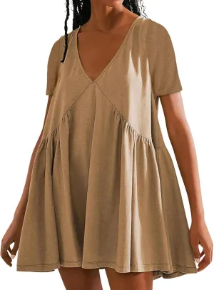 Dresses for Women Plus Size Casual Short Sleeve V Neck Mini Dress Summer Loose Fit Ruffle Hem Dresses 2025
