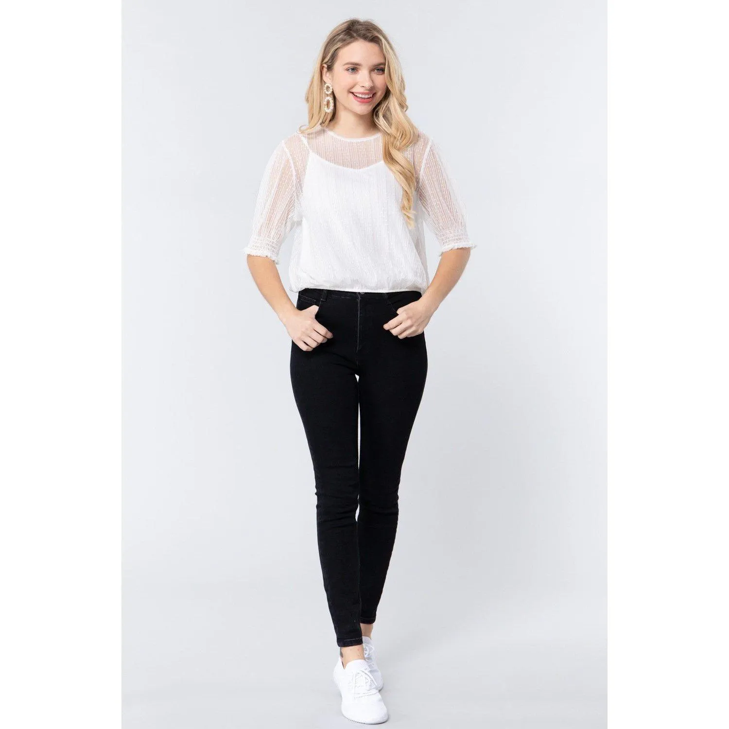 Elbow Slv Dot Mesh Top W/inner Cami
