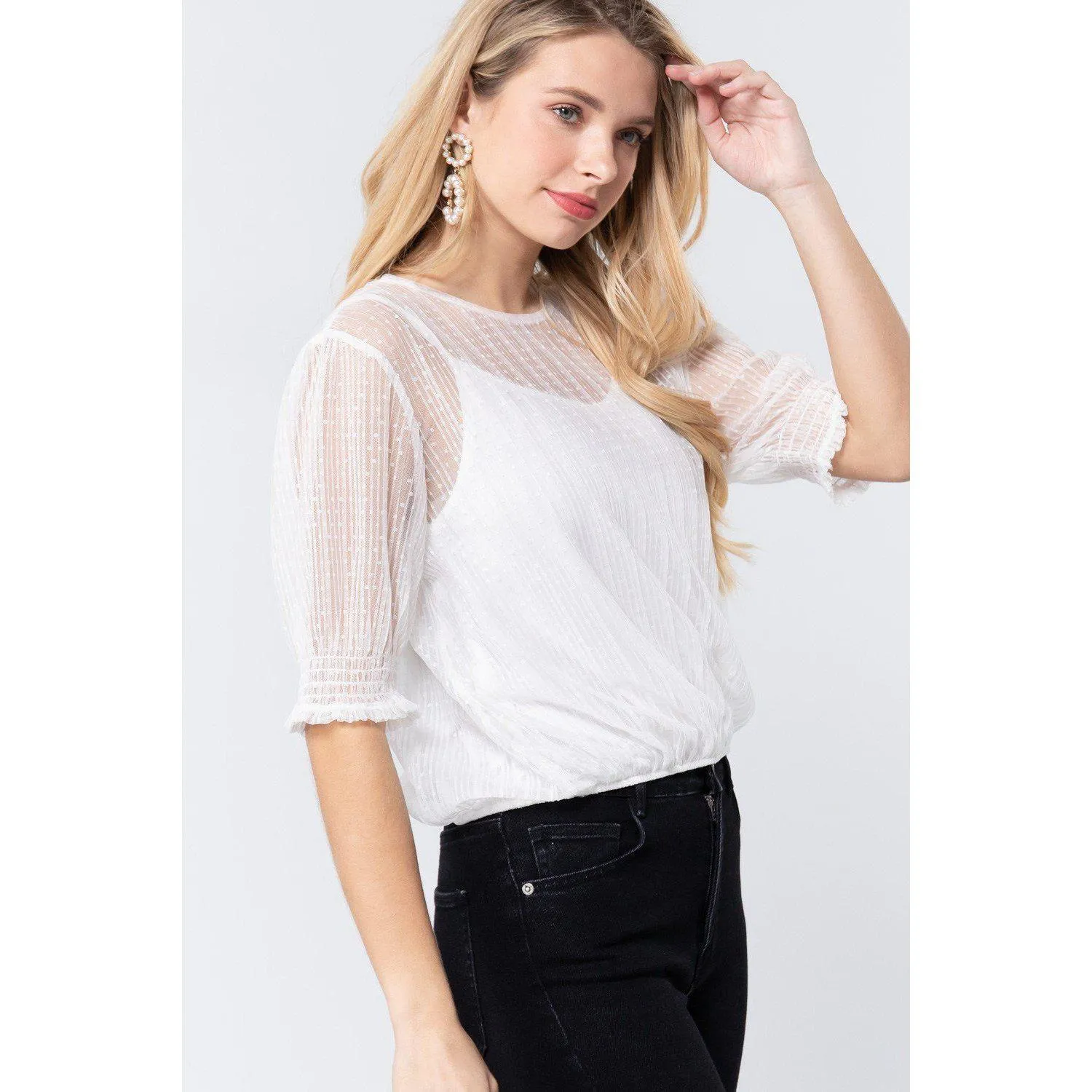 Elbow Slv Dot Mesh Top W/inner Cami