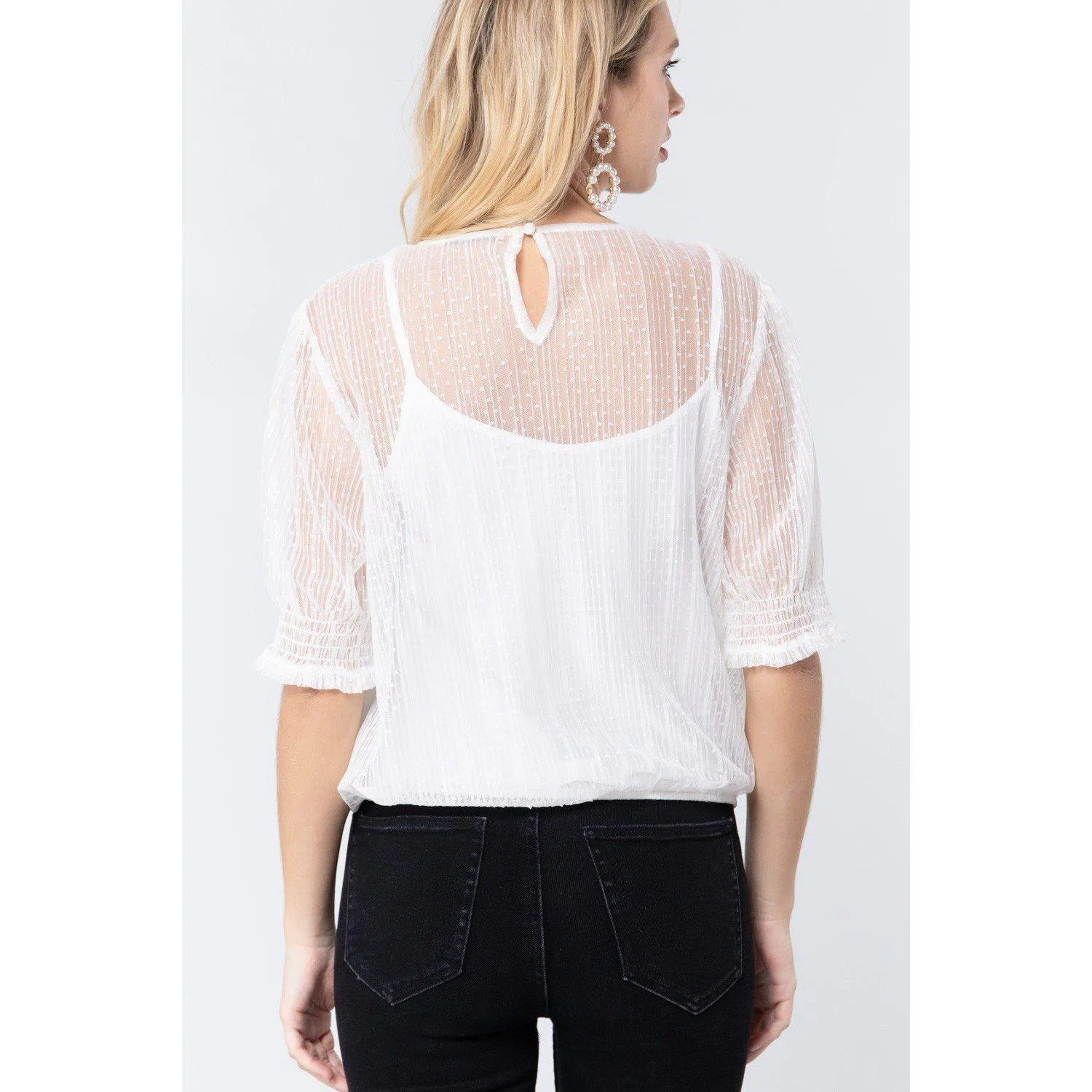Elbow Slv Dot Mesh Top W/inner Cami