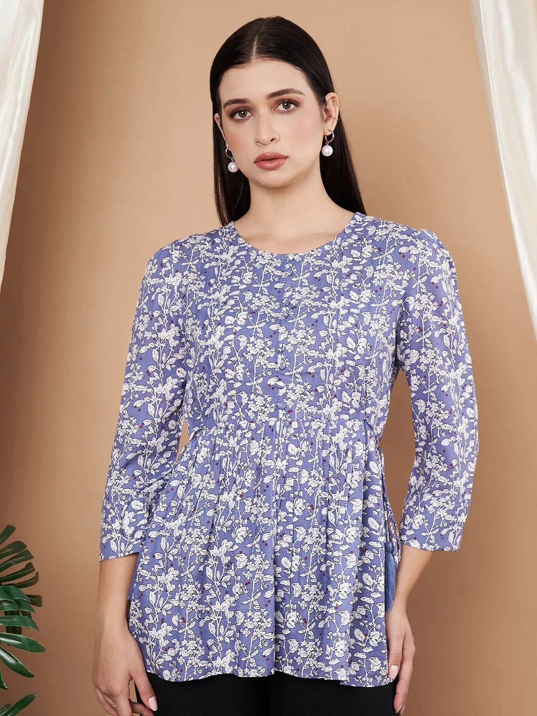 Floral Print Multicolor Round Neck Peplum Top