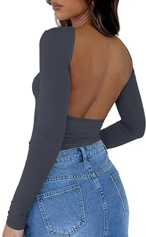 ForeFair Women Sexy Backless Short Sleeve Slim Fit Crewneck Summer Casual Y2K Crop Tee