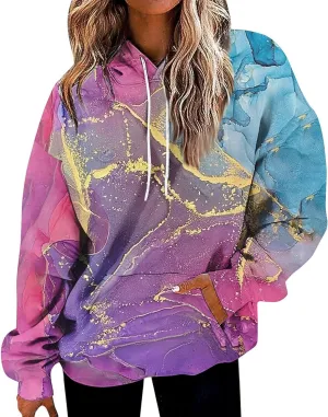 GOFULY Women Sweatshirt Fall Marble Print Hoodies Lightweight Winter Sweatshirt Long Sleeve Drawstring Pullover With Pocket