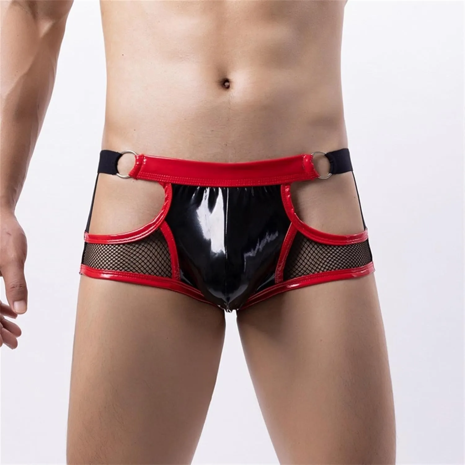 JEKE-DG Men's Leather Hollow Out Boxer Briefs See Through Mesh Shorts Pants Low Rise Breathable Clubwear Underwear