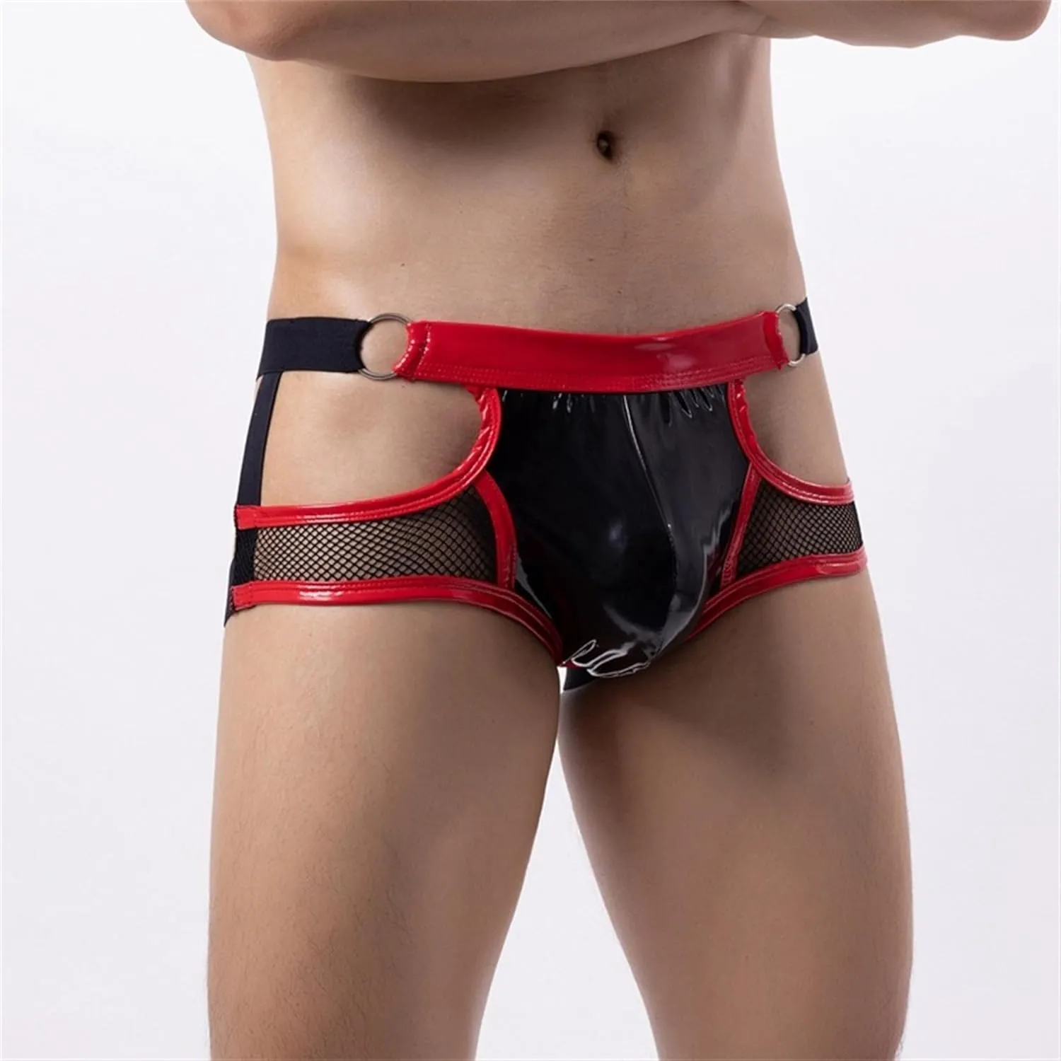JEKE-DG Men's Leather Hollow Out Boxer Briefs See Through Mesh Shorts Pants Low Rise Breathable Clubwear Underwear