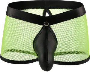 JEsilunmaMY Men's Leather Removable Pouch Boxer Briefs See Through Low Waist Mesh Underwear Hollow Breathable Shorts Pants