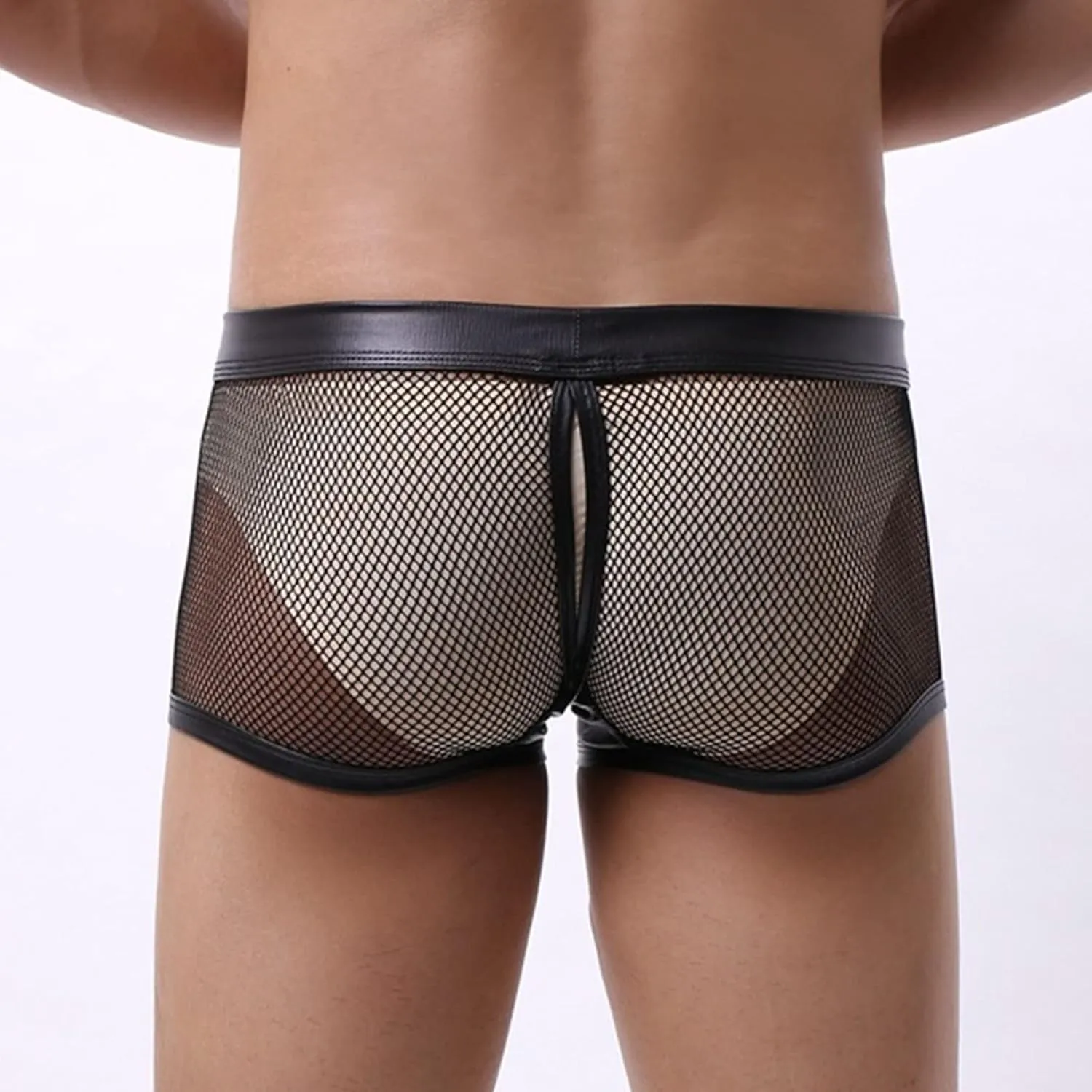 JEsilunmaMY Men's Leather Removable Pouch Boxer Briefs See Through Low Waist Mesh Underwear Hollow Breathable Shorts Pants