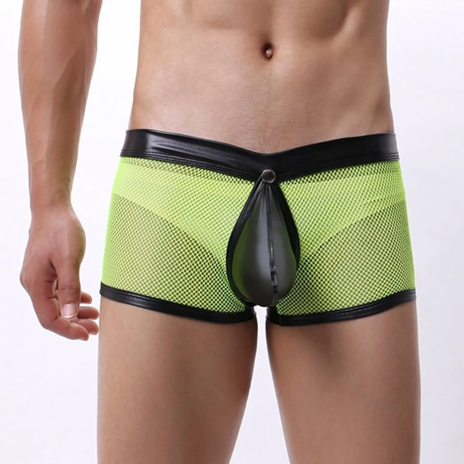 JEsilunmaMY Men's Leather Removable Pouch Boxer Briefs See Through Low Waist Mesh Underwear Hollow Breathable Shorts Pants