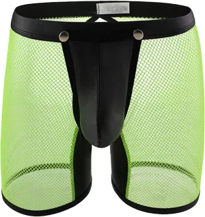 JEsilunmaMY Men's Mesh Leather Pouch Underwear Sexy Low Waist Hollow Boxer Briefs See Through Breathable Shorts Trunks
