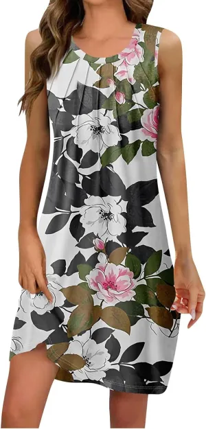 JJHAEVDY Dresses for Women Sleeveless U Neck Coverup Printed Elegant Vest Dress Summer Vacation Mini Dress Casual Flowy Dress