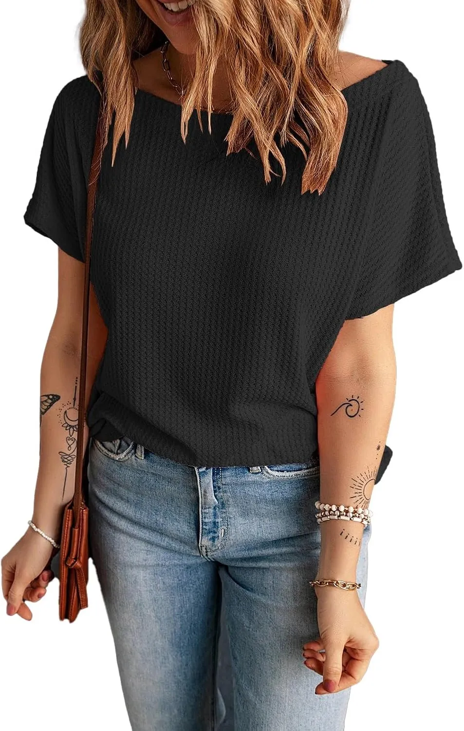 KINLONSAIR Women's Waffle Short Sleeve T Shirt Casual Loose Boat Neck Summer Tee Tops