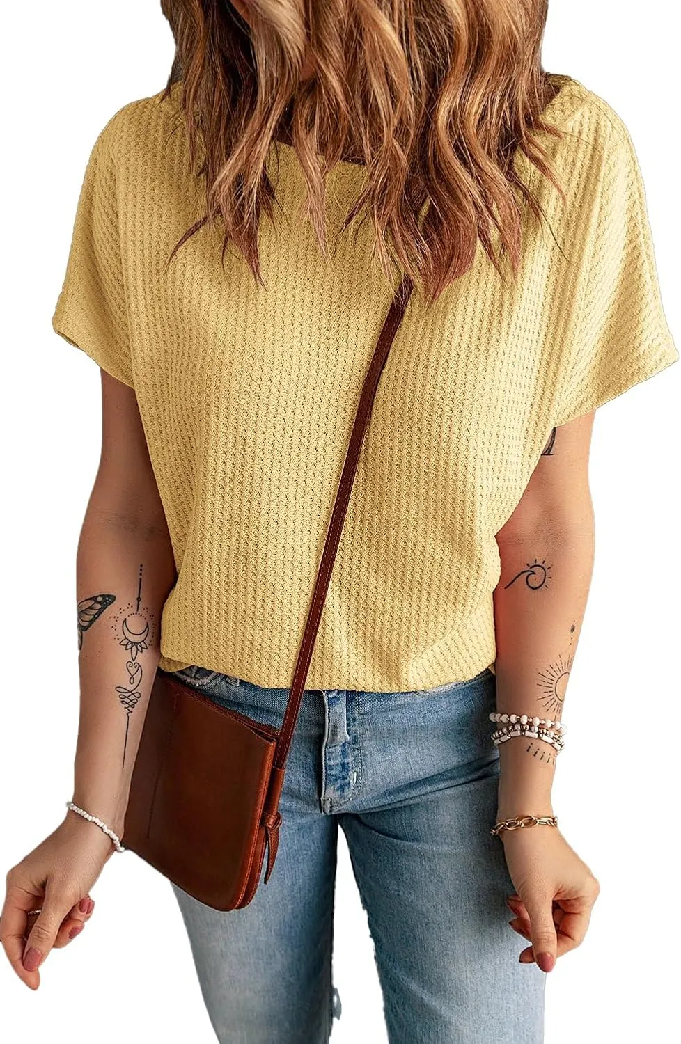 KINLONSAIR Women's Waffle Short Sleeve T Shirt Casual Loose Boat Neck Summer Tee Tops