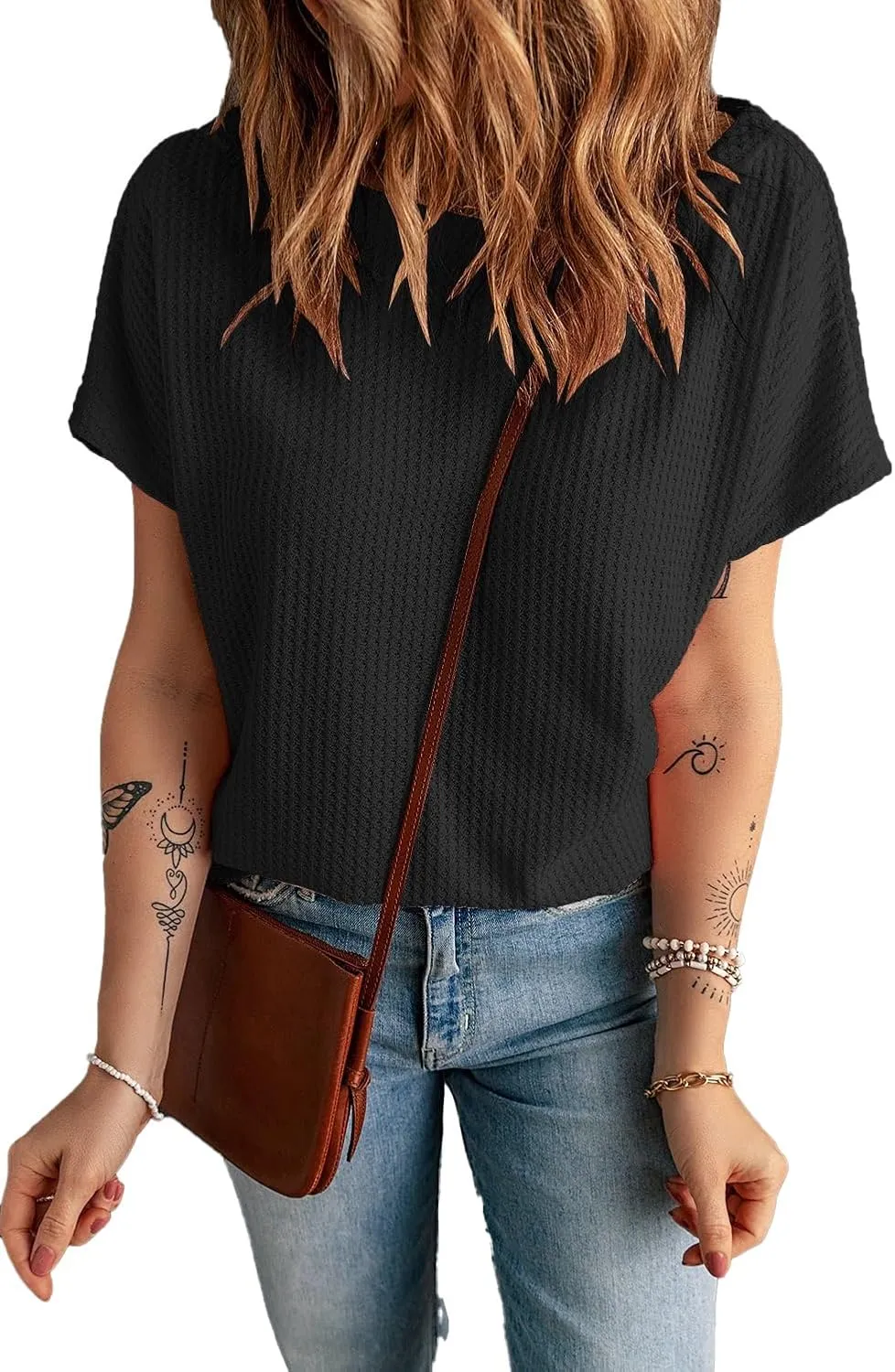 KINLONSAIR Women's Waffle Short Sleeve T Shirt Casual Loose Boat Neck Summer Tee Tops