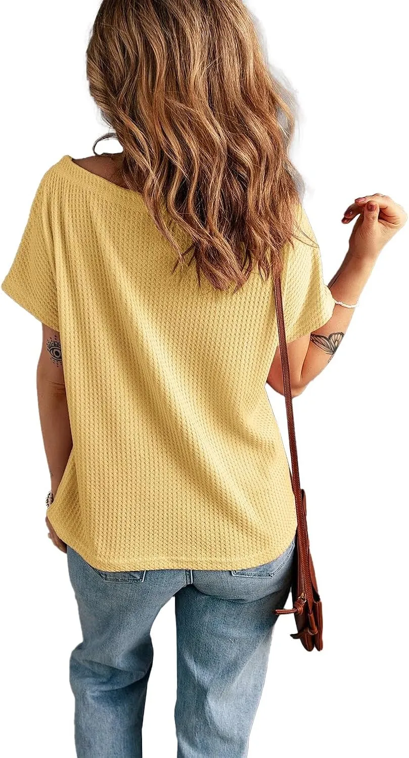 KINLONSAIR Women's Waffle Short Sleeve T Shirt Casual Loose Boat Neck Summer Tee Tops