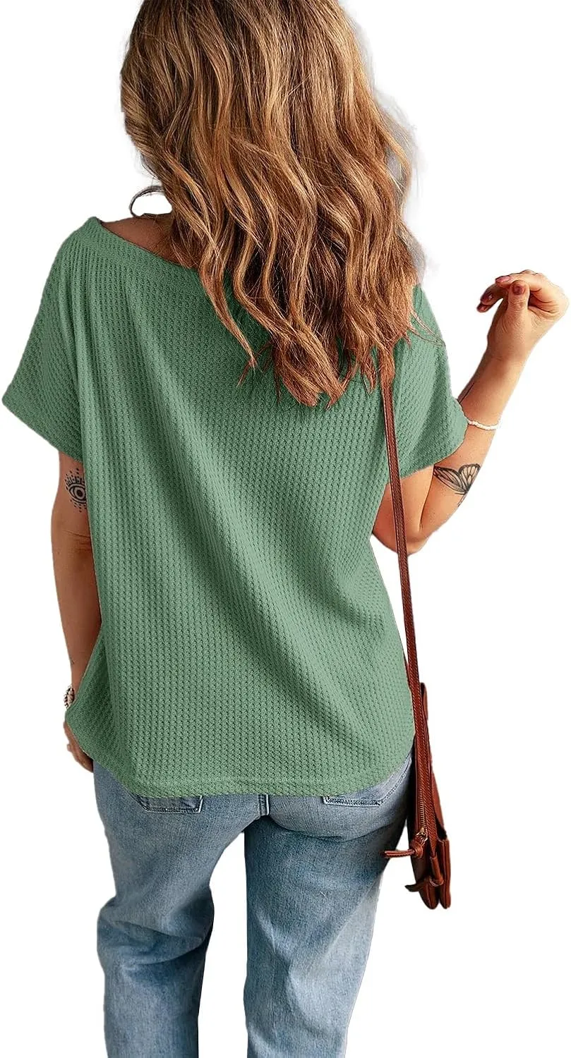 KINLONSAIR Women's Waffle Short Sleeve T Shirt Casual Loose Boat Neck Summer Tee Tops