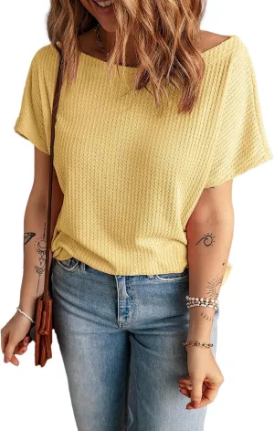KINLONSAIR Women's Waffle Short Sleeve T Shirt Casual Loose Boat Neck Summer Tee Tops