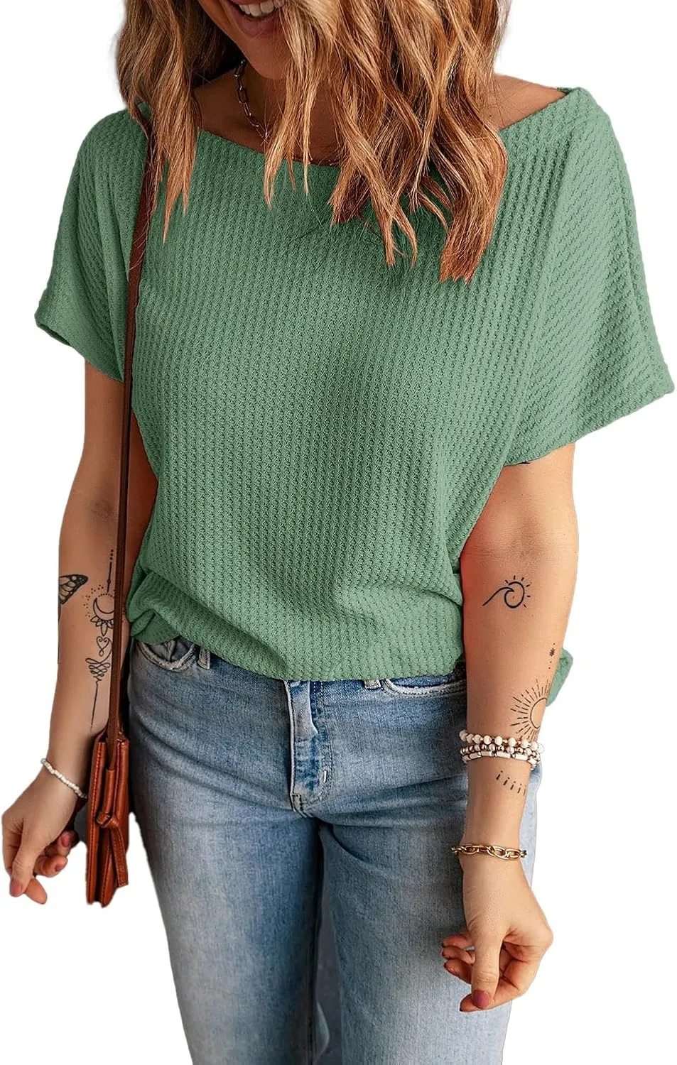 KINLONSAIR Women's Waffle Short Sleeve T Shirt Casual Loose Boat Neck Summer Tee Tops