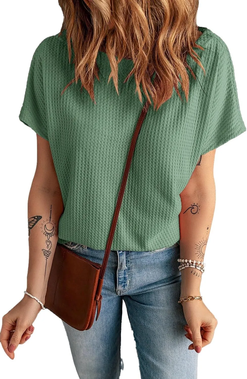 KINLONSAIR Women's Waffle Short Sleeve T Shirt Casual Loose Boat Neck Summer Tee Tops