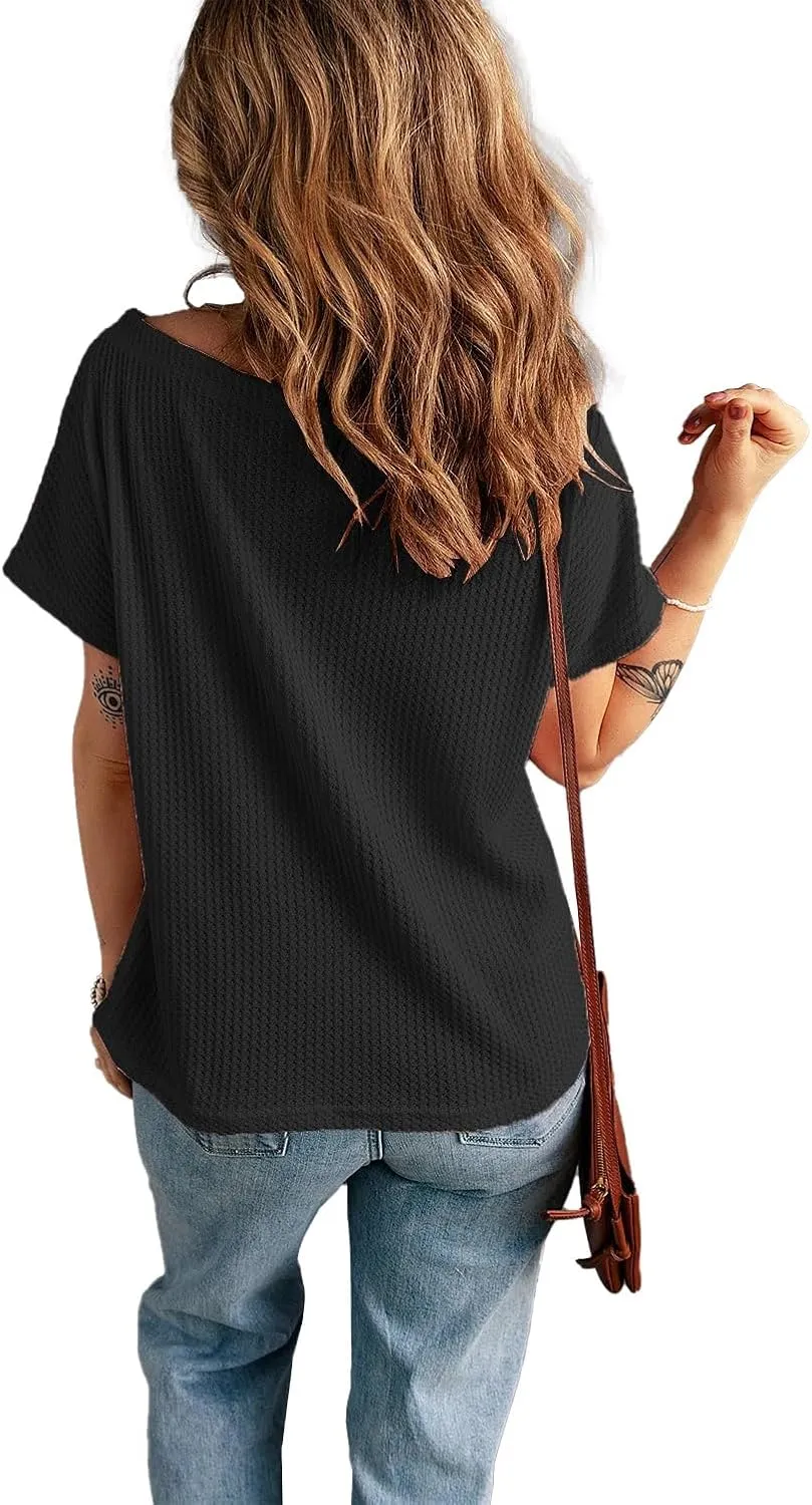 KINLONSAIR Women's Waffle Short Sleeve T Shirt Casual Loose Boat Neck Summer Tee Tops