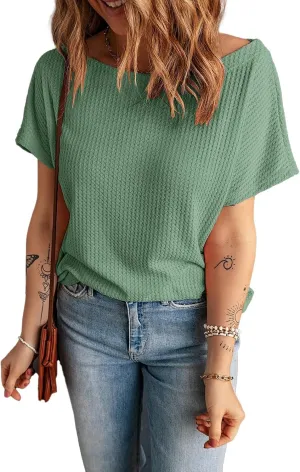 KINLONSAIR Women's Waffle Short Sleeve T Shirt Casual Loose Boat Neck Summer Tee Tops