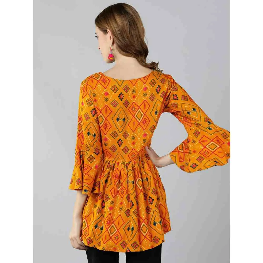 Kipek Womens Rayon Printed Peplum Top Mustard