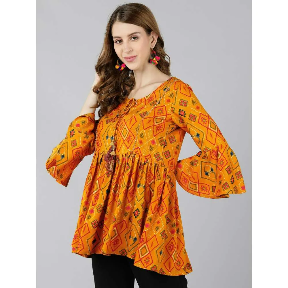 Kipek Womens Rayon Printed Peplum Top Mustard