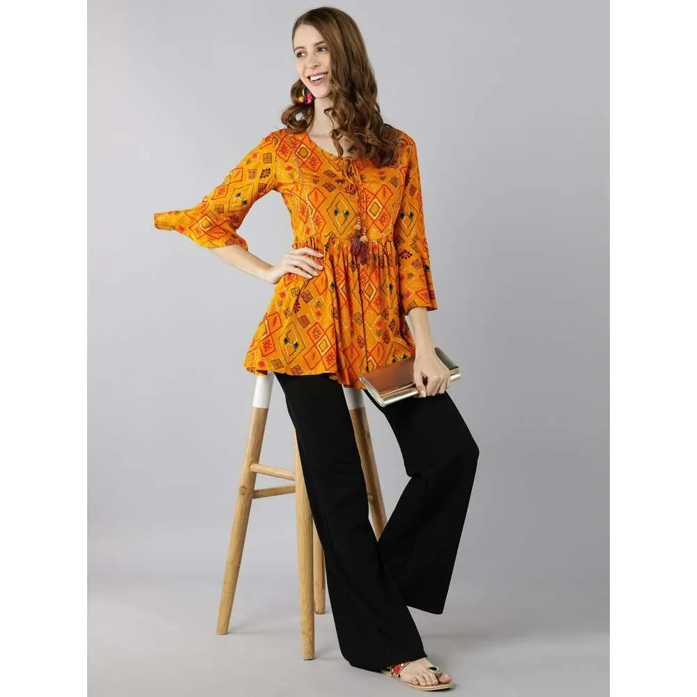 Kipek Womens Rayon Printed Peplum Top Mustard