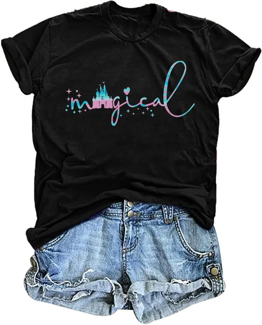 Magical Shirt for Women Magic Kingdom Tshirt Family Vacation Tee Castle Graphic Short Sleeve Tops