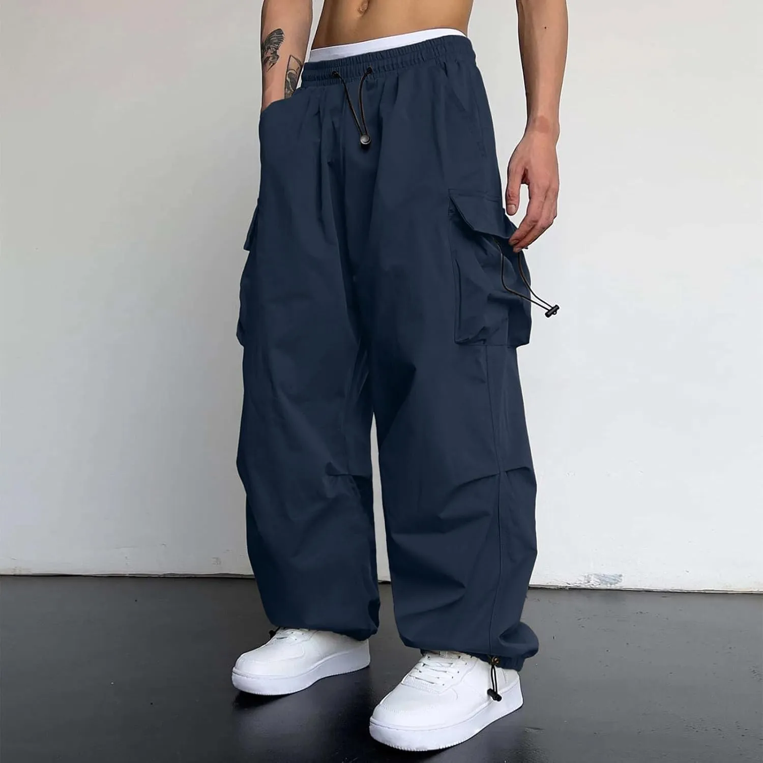 Mens Cargos Pant Casual Work Pant Drawstring Elastic Waist Loose Fit Sweatpants Multi Pockets