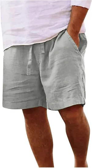 Men's Cotton Linen Shorts Drawstring Casual Loose Fit Breathable Summer Lightweight Work Beach Sweatpants with Pockets