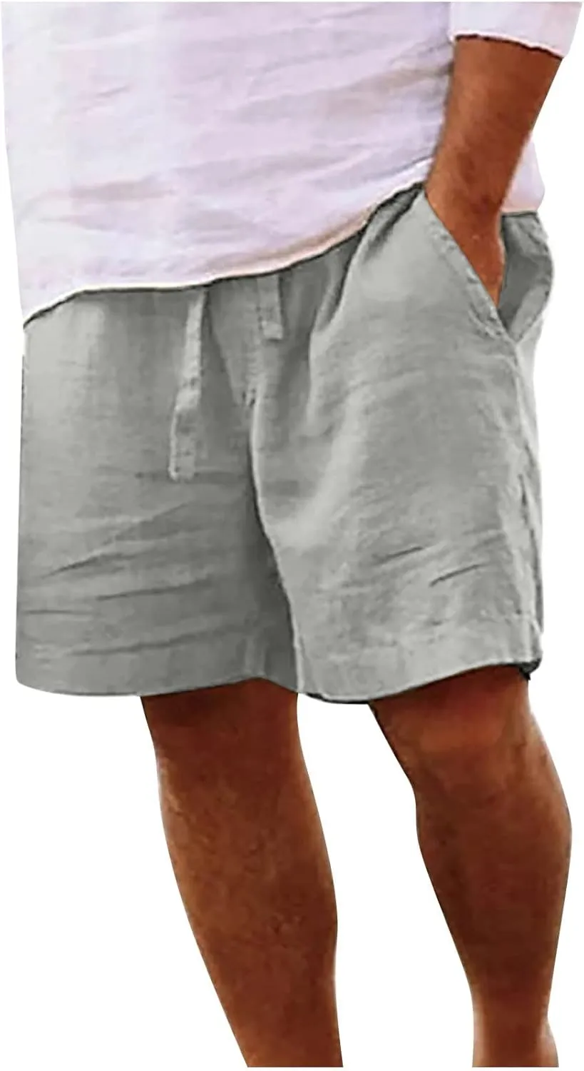 Men's Cotton Linen Shorts Drawstring Casual Loose Fit Breathable Summer Lightweight Work Beach Sweatpants with Pockets
