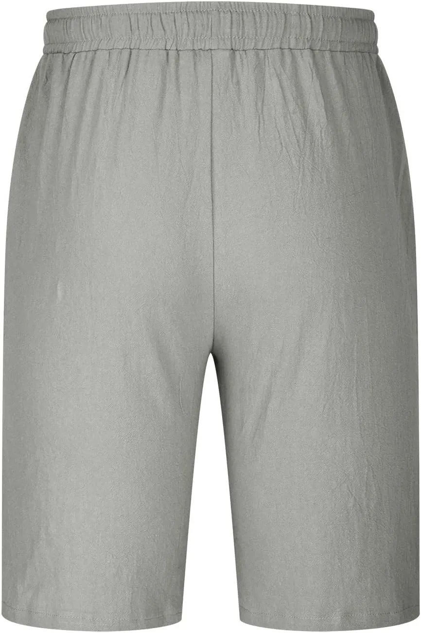 Men's Cotton Linen Shorts Drawstring Casual Loose Fit Breathable Summer Lightweight Work Beach Sweatpants with Pockets