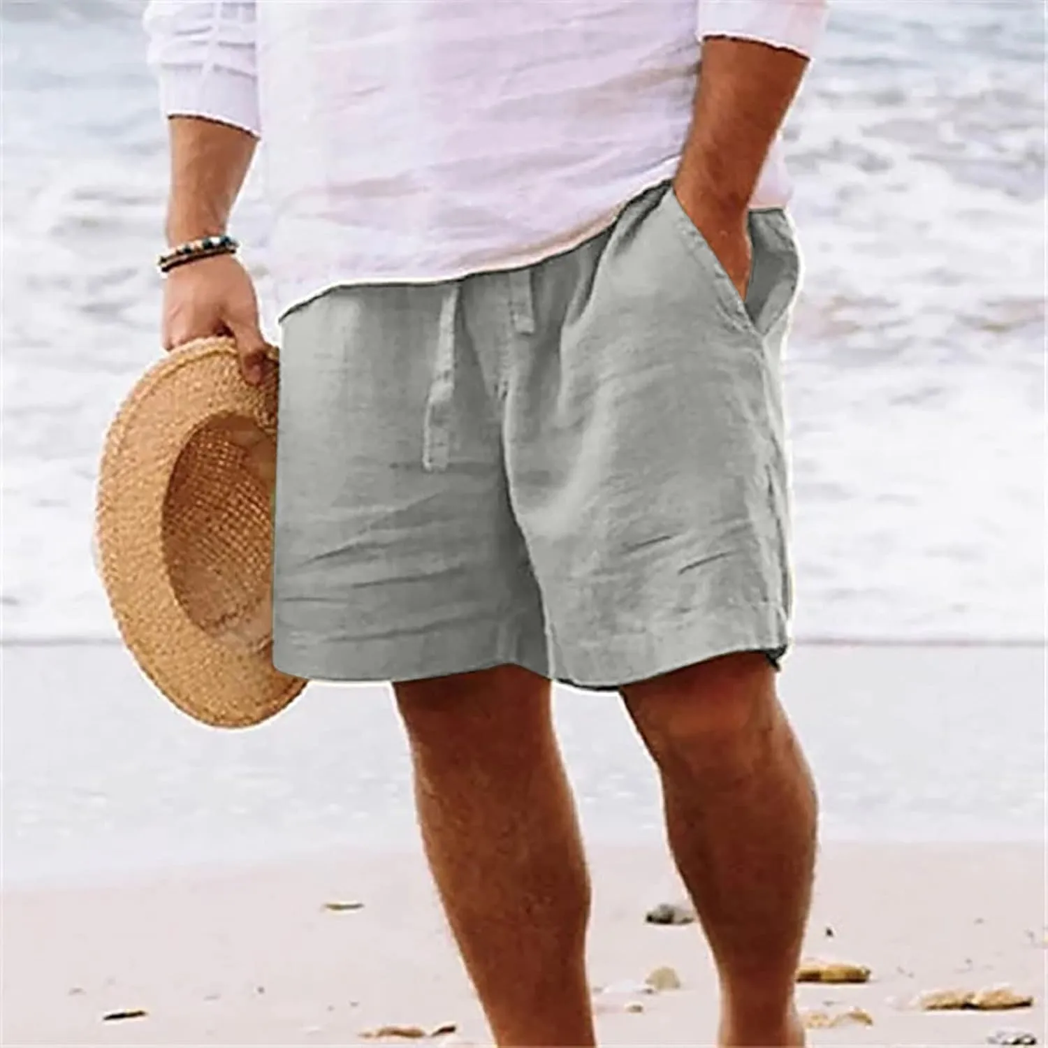Men's Cotton Linen Shorts Drawstring Casual Loose Fit Breathable Summer Lightweight Work Beach Sweatpants with Pockets