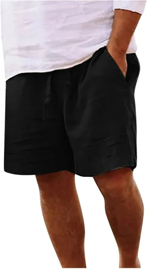 Men's Cotton Linen Shorts Drawstring Casual Loose Fit Breathable Summer Lightweight Work Beach Sweatpants with Pockets